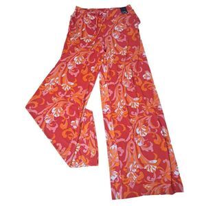 New York & Company Women's Printed Orange Palazzo Wide Leg Travel Pants Sz Small